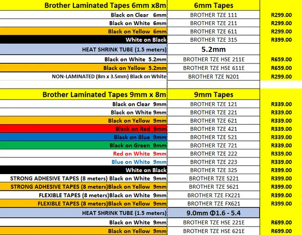 Brother TZE Laminated labels 6 and 9mm Brother TZE Laminated labels 6 and 9mm